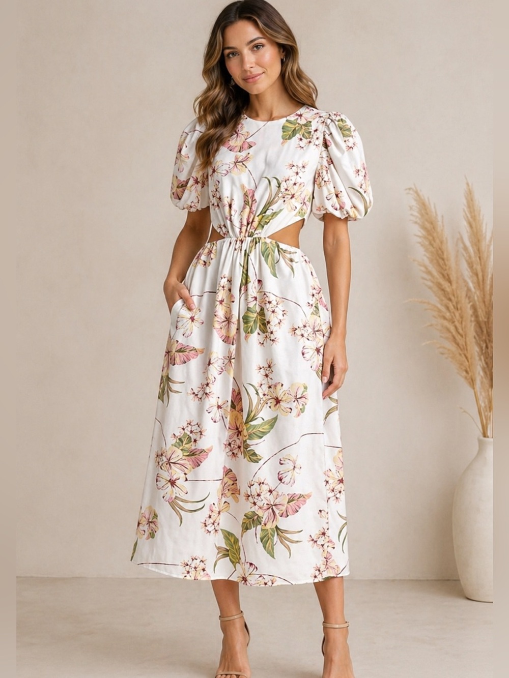 WAYF Floral Cutout Midi Dress Small NWT Puff Sleeve Cottagecore Summer Dress